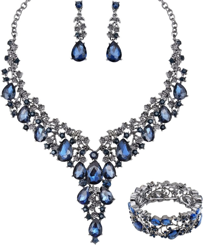 CSY Elegant Crystal Costume Jewelry Sets Flower Bridal Necklace Earrings Stretch Bangle Set for Bride Bridesmaid Wedding Dress Accessories - Image 1